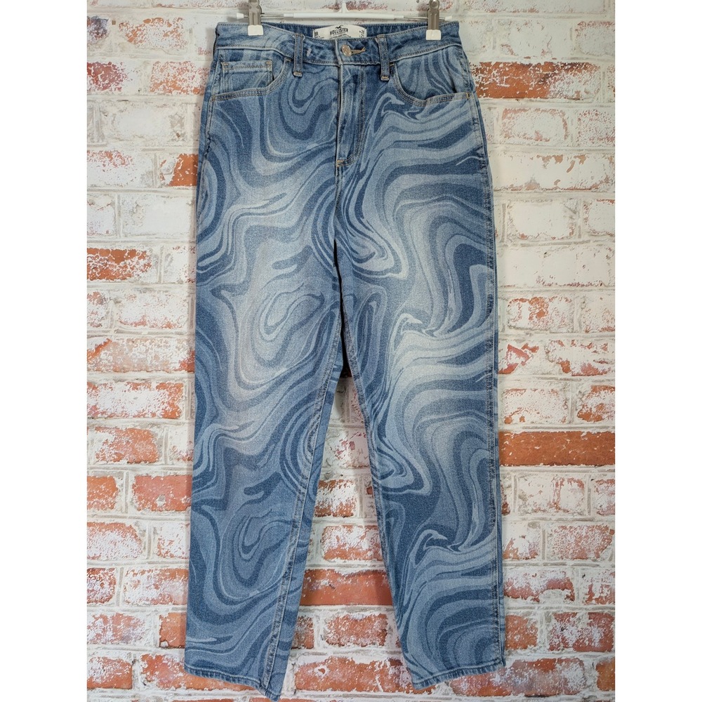 Hollister Mom Jeans Womens 3R Blue Swirl Marble High Rise Curvy Stretch Denim